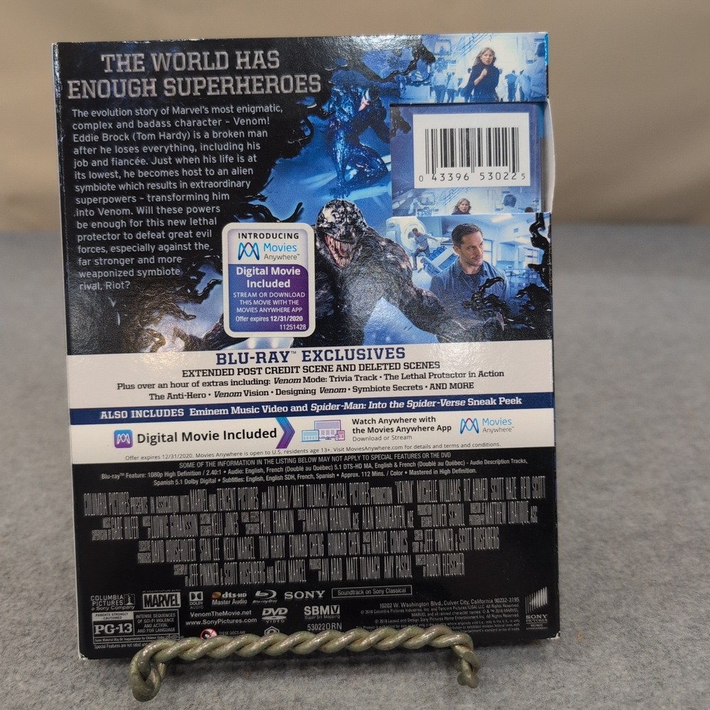 Venom Blu-ray DVD Digital Tom Hardy Marvel Sony Pictures Movie VG+ - Picture 2 of 2